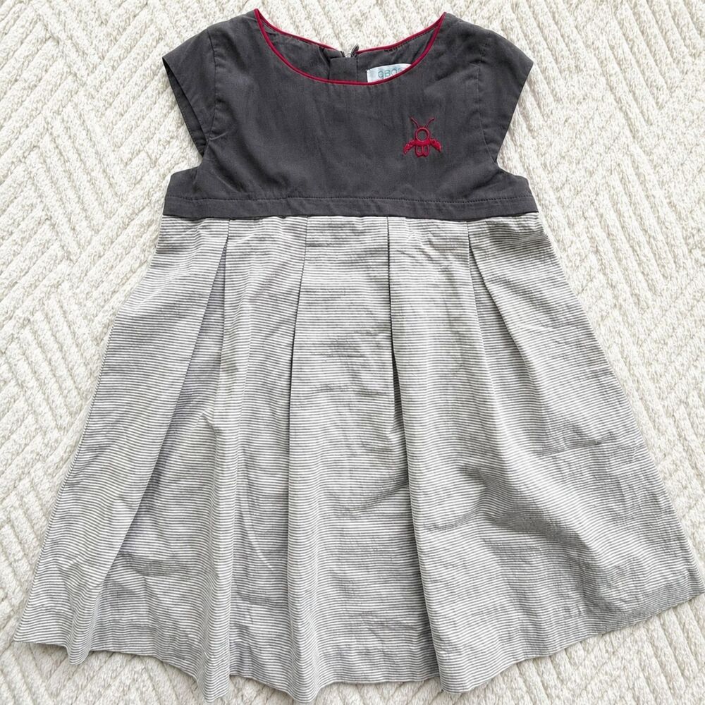 Okaidi Girls 3Y Gray Pleated Dress French Designer Cap Sleeve Cotton